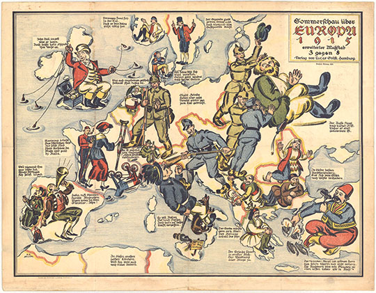 Европа летом 1915 года %Sommerschau über Europa 1915
Европа летом 1915 года. Вторая карта из пары немецких пропагандистских карт издателя Лукаса Графе. Гамбург, 1915 г. 71 х 55 см. Sommerschau über Europa 1915: The second of a pair of German satirical propaganda maps by Hamburg publisher Lucas Gräfe & depicting Europe in Summer 1915.
Ключевые слова: Европа,немецкие карты,пропаганда