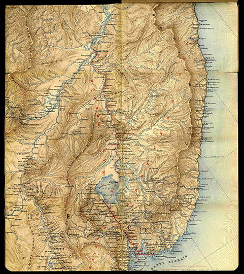 От Владивостока до Хабаровки  1:1.7M% From Vladivostok to Khabarovka
От Владивостока до Уральска. Из кн. От Владивостока до Уральска. Карты к путешествию Его Императорского Величества Государя Наследника Цесаревича. Издание Центрального Статистического Комитета МВД. С. Петербург.  1891г. Лист 01 - от Владивостока до Хабаровки. Масштаб - 40 верст в дюйме.
Ключевые слова: Владивосток,Хабаровск,Дальний Восток,путешествие Цесаревича