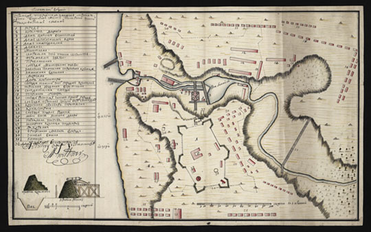 Чертeж Петровских заводов % Plan of Petrozavodsk
Чертeж Петровских заводов строений, а что в котором месте построено значится под цифирным словом. План работы Матвея Виттвера. 1721 год.
Ключевые слова: Петрозаводск