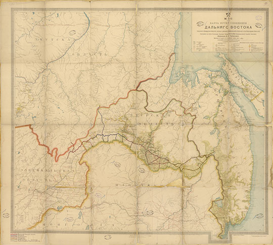 Карта путей сообщения Дальнего Востока 1:1.68М %Map of Far East communictions 
М.П.С. Карта путей сообщения Дальнего Востока, Амурской и Приморской областей, смежных районов Забайкальской и Якутской, части Манчжурии и Монголии. Приложение к Отчету начальника Дорожного отряда Высочайше командированной Амурской экспедиции инженера П.П. Чубинского. Издавал Евгений Краце. Чертил студент Института Инженеров Путей Сообщения В. Смородинов. 1915г. Масштаб - 40 верст в дюйме.
Ключевые слова: Владивосток,Хабаровск,Благовещенск,Дальний Восток