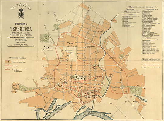 План города Чернигова  1:8K% Plan of Chernigov
План города Чернигова. Составлен в 1908 году в память 1000-летия г. Чернигова. С обозначением бывшей Черниговской крепости и вала. Масштаб  в английском дюйме 100 сажен.
Ключевые слова: Украина,Чернигов