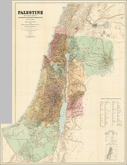 Карта Палестины 1:169К %Map of Palestine
Карта Палестины, составленная на основе работ Фонда Изучения Палестины и других источников. Лондон, 1890. 239 х 195 см. Масштаб 1:168,960. Palestine : from the surveys conducted for the committee of the Palestine Exploration Fund and other sources. Compiled by George Armstrong and revised by Colonel Sir Charles W. Wilson K.C.B.,F.R.S. and Major C. R. Conder D.C.L.,R.E. Engraved, printed and published for the Committee of the Palestine Exploration Fund, at Stanford Geographic Establishment. London 1890. 
Ключевые слова: Палестина,Израиль,английские карты