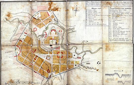 План города Волоколамска 1:4,200 %Plan of Volokolamsk
План города Волоколамска в 1784 году генваря 16 дня покрытый планом 1792 года июля 19 дня. Масштаб - 50 сажен в дюйме. Скопировано в 1812 году апреля 19 дня.
Ключевые слова: Волоколамск,Подмосковье