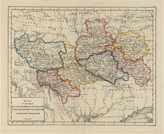 Украинские губернии Российской империи % Ukrainian part of the Russian Empire
Карта Губернии Волынской, Подольской, Киевской, Черниговской, Полтавской, Курской и Слободской- Украинской. - [1: 3 360 000]. Из кн.: Атлас Российской Империи по новейшему разделению на губернии и области, Сочиненнoй при Главном Училищ Правлении для употребления в Губернских Гимназиях1807 года. - Б.м., 1807. - 1 атл. (14 карт) : раскраш. от руки границы губерний и уездов; 36х25 см
Ключевые слова: Атласы,Атлас 1807,Киев,Харьков,Полтава,Курск,Украина
