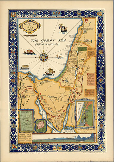 Иллюстрированная карта Святой Земли 1:300К %The picture map of the Holy Land
Иллюстрированная карта Святой Земли. Нью-Йорк, 1928.  Масштаб 1:300,000. 77 х 53 см. The picture map of the Holy Land. Designed and drawn by Harold Haven Brow. Published by R.R. Bowker Company, 62 West 45th St., New York, 1928. На врезках: Jerusalem and its environs. Jerusalem. Profile view of Palestine showing relative height and position of important localities. Map of Palestine showing heights of land thus: Yellow , 0-500 ft; Purple, 500-1500 ft; 1500-300 ft; Pink, over 3000 ft. Black, below sea level.
Ключевые слова: Израиль,Палестина,американские карты,карты с иллюстрациями