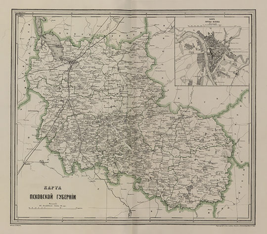 Псковская губерния в Атласе Ильина  1:840K% Pskovskaya Gubernia by Ilyin
Карта Псковской губернии. Масштаб 1:840,000. На врезке - план г. Пскова. В кн.:  Подробный атлас Российской империи с планами главных городов. Издание картографического заведения А. Ильина. СПб, 1871, 6 с., 70 л. карт.
Ключевые слова: Псков,атласы,издательство Ильина,атлас 1871