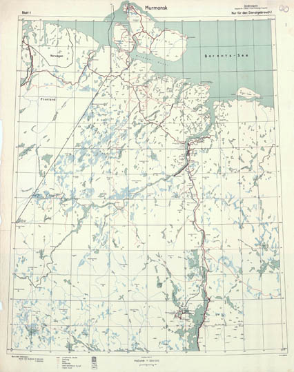 Немецкая карта окрестностей Мурманска  1:300K% German map of Murmansk vicinity
Немецкая карта окрестностей Мурманска. Osteuropa 1:300000. Sonderausgabe. Ausgabe Nr. 1, Stand IV.42. Blatt 1. Murmansk.
Ключевые слова: Мурманск,немецкие карты