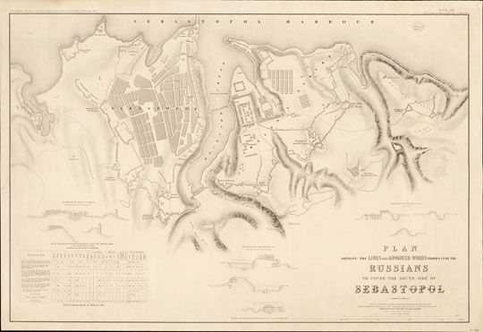 План Севастополя % Map of Sevastopol
Plan shewing the lines and advanced works thrown up by the Russians to cover the south side of Sebastopol / surveyed by Lieuts. de Vere, Gordon and Edwards, R.E. ; and drawn by Lieut. Fisher, R.E. [cartographic material] / Great Britain. Ordnance Survey. 60.4 x 90.1 cm. Engraved at the Ordnance Survey Office, under the direction of Lieut. Col. Cameron, R.E., Col. James, Superintendent, [1855]. 
Ключевые слова: Севастополь,английские карты
