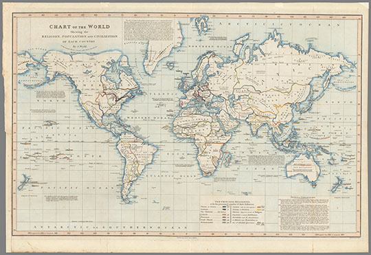 Карта мира с указанием цивилизованности стран %Chart of the World Shewing Each Country. 
Карта мира с указанием религии, населения и уровня цивилизации каждой страны. 1818г. 50 х 77 см. Автор - James Wyld, 1790-1836. Chart of the World Shewing the Religion, Population and Civilization of Each Country. 
Ключевые слова: английские карты