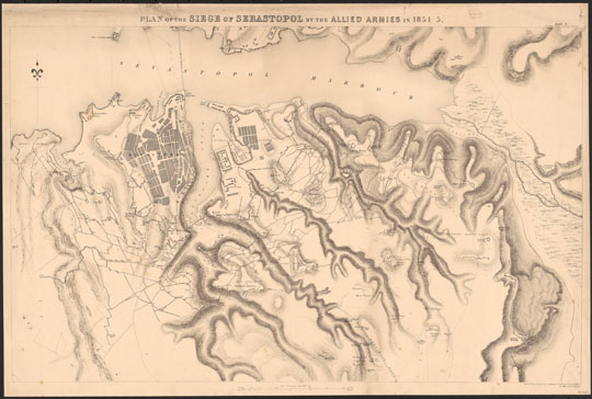 План Севастополя % Map of Sevastopol
План осады Севастополя силами союзных армий. Plan of the siege of Sevastopol by the allied armies in 1854-1855. 60.3 x 97.4 cm. [Southhampton, Eng.] : Lithographed and printed at the Topographical Depot, War Department, under the direction of Capt. Elphinstone, H. James, Col. R.E., Superintendent, [1858]. 
Ключевые слова: Севастополь,английские карты