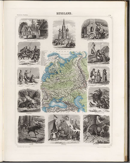 Россия в Атласе Брокгауза %Russland in Brockhaus Atlas
Россия в Иллюстрированном Атласе Брокгауза. С иллюстрациями на полях. 53 х 40 см. Масштаб 1:19,000,000. Лейпциг, 1863. Russland. Illustrirter Handatlas fur Freunde der Erdkunde und Zum Gebrauch Beim Unterricht im verein mit Heinrich Leutemann Herausgegeben von Ehrenfried Leeder und Theodor Schade. Zweiundzwanzig Blatter in Stahlstich mit erlauterndem Terte. Leipzig: F.A. Brockhaus. 1863.
Ключевые слова: Россия,немецкие карты,карты с иллюстрациями,Европейская Россия