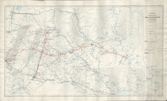 Северо-Восточно-Уральская железная дорога  1:420K%North-East-Ural railway
План направления Северо-Восточно-Уральской железной дороги. По изысканиям 1912г. Масштаб - 10 верст в дюйме. 
Ключевые слова: Екатеринбург,Тюмень
