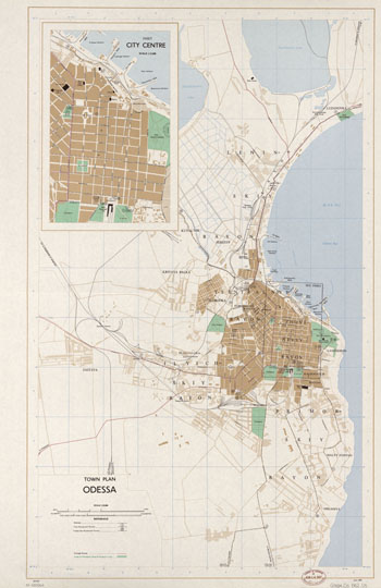 Американская карта Одессы  1:25K% American map of Odessa
Американская карта Одессы и окрестностей. Town Plan. Odessa. Масштаб 1:25000. На врезке - план центральной части города в масштабе 1:12500 - City Center. Условная координатная сетка.
Ключевые слова: Одесса,американские карты