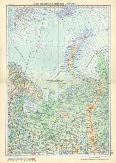 Север Европейской части СССР  1:8M% North of the European part of the USSR
Север Европейской части СССР. Масштаб 1:8,000,000. 354 х 257 мм. Из кн. Атлас СССР. Главное управление геодезии и картографии МВД СССР. Москва, 1954г.
Ключевые слова: Архангельск,Мурманск,атласы,атлас 1954