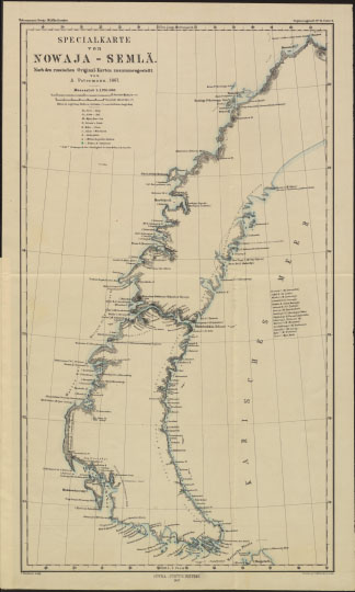 Немецкая карта Новой Земли  1:1.7M% German map of Novaya Zemlya
Немецкая карта Новой Земли. Масштаб 1:1,700,000. SpecialKarte von Nowaja-Semla. Nach der russischen Original Karten zussamengestellt von A. Petermann, 1867.
Ключевые слова: Архангельск,Новая Земля