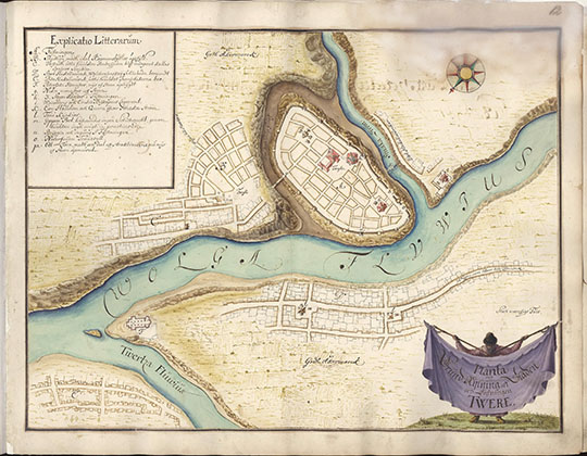 План Твери по Пальмквисту % Plan of Tver after Palmkvist
План города Твери 1674 года из книги: "Несколько замечаний о России, о ея дорогах, укреплениях, крепостях и границах, во время последнего королевского посольства к московскому царю. Составлены Эриком Пальмквистом". Någre widh sidste Kongl. Ambassaden till Tzaren i Muskou giorde Observationer öfwer Ryszland, dess wägar, Pasz med Fästningar och Gräntzer. Sammandragne aff Erich Palmquist Anno 1674. 
Ключевые слова: Тверь