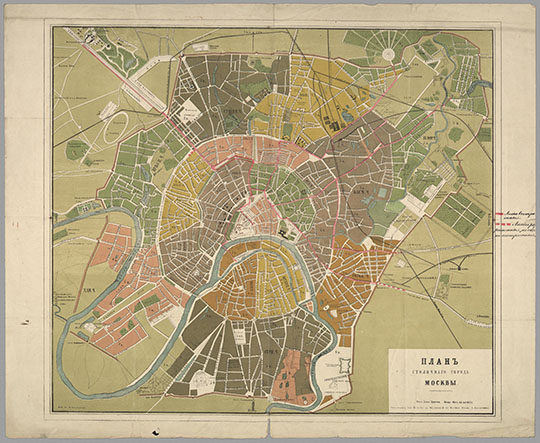 План Столичного города Москвы % Plan of Moscow
ПЛАНЪ/ СТОЛИЧНАГО ГОРОДА / МОСКВЫ. Грав. на камне ученик М. Кувшинов. М. Литография при Музеуме на Мясницкой в Москве. Издан. А. Касаткина. Печат Дозвол. Цензурой. Москва Марта 28 дня 1873г.
