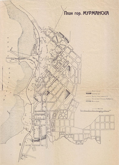 План Мурманска  1:10K% Map of Mumansk
План города Мурманска. Масштаб - в 1 см. 106,25м. Из кн.: Весь Ленинград и Ленинградская область : адресная и справочная книга на 1928 год.
Ключевые слова: Мурманск