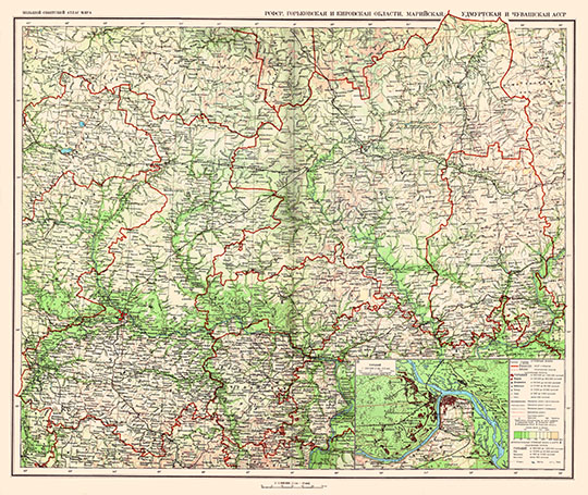 Горьковская и Кировская области в атласе БСАМ  1:1.5M% Gorkovskaya oblast
РСФСР. Горьковская и Кировская области, Марийская, Удмуртская и Чувашская АССР. Масштаб 1: 1,500,000 -  15 км в 1 см. Большой Советский Атлас Мира. Том II (1939).
Ключевые слова: Нижний Новгород,Горький,Киров,атлас 1939 БСАМ