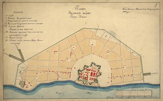 План города Ростова 1:8К % Plan of Rostov
План Ярославской губернии города Ростова. Копия Высочайше утвержденного плана 1779 года. Масштаб - 100 сажен в английском дюйме.
Ключевые слова: Ростов Великий