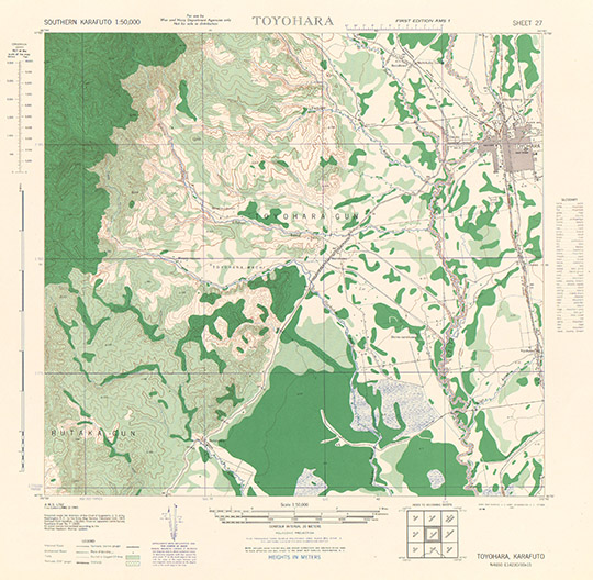 Американская карта юга Сахалина 1:50K %Karafuto 1:50,000
Американская карта южной части Сахалина - склейка листов карт серии L762. Northern Karafuto. Southern Karafuto 1:50,000. Series L762, U.S. Army Map Service, 1943
Ключевые слова: Сахалин,американские карты