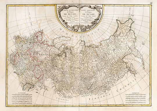 Карта Российской Империи 1:14М %Empire De Russie 
Российская Империя. Карта, склеенная из 2-х частей - карт Западной и Восточной частей Российской Империи. Выборка из Атласа России и других стран. Составлено на основе астрономических наблюдений Ригобертом Бонне и Жаном Латтре. 43 х 56 см. Масштаб - около 1:14,000,000. Париж, 1771г. Partie Occidentale de l Empire De Russie. Partie Orientale de l Empire De Russie. Extrait de l Atlas Russien et d autres Cartes. Projetee et assujetie aux Observations Astronomiques Posterieures par Mr. Bonne.
Ключевые слова: Российская Империя,французские карты