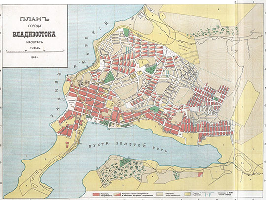 План Владивостока  1:21K% Plan of Vladivostok
План города Владивостока. Масштаб 250 саженей в дюйме. 1909г. На правом поле - перечень основных объектов. Из кн.: Владивосток. Памятники Архитектуры. Мялк А.В. 2005г.
Ключевые слова: Владивосток