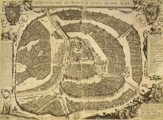 Сигизмундов план v.4%Sigizmundov plan v.4
Moscovia urbs metropolis totius Russiae Albae  / Inven I.G.P.A., coel L. Kilian. - S.l., 1618. - 1 к.: указ. (20 назв.); 460х346 мм. План изображает Москву в пределах современного Садового кольца, ориентирован на запад, красочно орнаментирован. В верхних углах листа помещены гербы Сигизмунда III и Москвы, в правом нижнем углу - посвящение Сигизмунду III. По левому полю дано краткое описание Москвы, по правому - указатель зданий. Внизу по центру листа помещена компасная роза.
Ключевые слова: Сигизмундов план