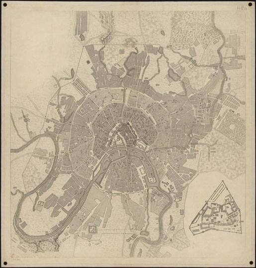 Прожектированный план Москвы % Project plan of Moscow
[План города Москвы] [Карты]. - [Б.м., 1796-1805]. - 1 л. : одноцв., доп. карта; 68x74 см.План датирован по наличию объектов впервые появившихся на плане Полежаева 1796 г. и отсутствию деталей, имеющихся на плане Куртенера 1805 г. Для заглавия оставлено место в левом верхнем углу. Римскими цифрами на плане отмечены части города, совпадающие по размещению с планом Окорокова 1793 г. М-б усл. [1:23 500, 235 м в 1 см]
