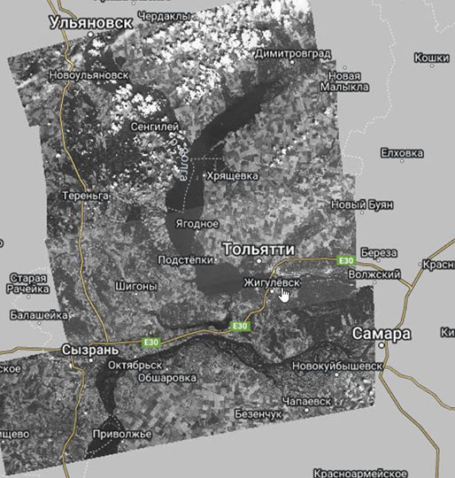 Спутниковый снимок Самарской Луки %Satellite image of Samara region
Спутниковый снимок Ульяновской и Куйбышевской областей с территорией Самарской Луки. Снимок сделан 12 августа 1968 года.
Ключевые слова: Сызрань,Тольятти,американские карты,города СССР со спутников