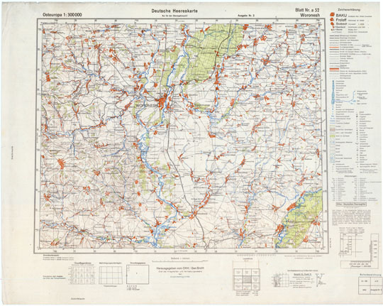 Немецкая карта окрестностей Воронежа  1:300K% German map of Voronezh environs
Немецкая карта окрестностей Воронежа.  Osteuropa 1:300000. Deutsche Heereskarte. Ausgabe Nr. 3, Blatt Nr. a 52. Woronesh. Herausgegeben vom OKH/GenStdH. Chef des Kriegskarten- und Vermessungswessens 1941. Einzeine Nachrage VI. 1943.
Ключевые слова: Воронеж,немецкие карты