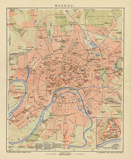 Moskau - немецкий план 1:42K%Moskau - German plan
Moskau. Карта из книги "Brockhaus Konversations-Lexikon" 14. Aufl. Dez. 1902. 1:42500. F. A. Bockhaus Geogr. artist. Anstalt, Leipzig. 250 x 307 мм. Обозначения объектов - на немецком языке. Отдельно на врезке план Кремля, 1:21300.
Ключевые слова: немецкие карты