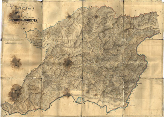 Карта Нерчинского округа  1:630K% Map of Nerchinsk region
Карта Нерчинского горного округа 1869г. Масштаб 15 верст в английском дюйме. Показаны действующие и разведанные золотые прииски.
Ключевые слова: Чита