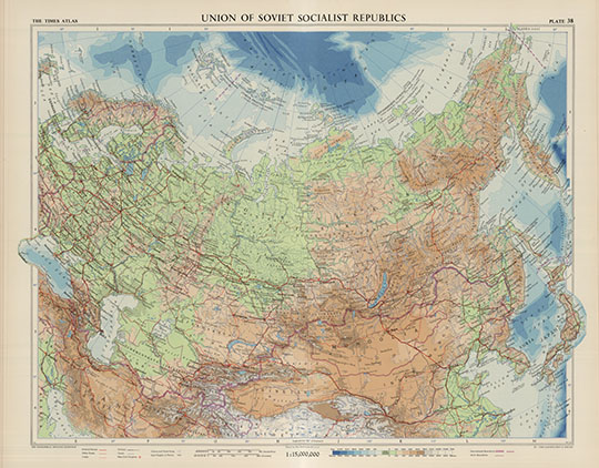 Карта СССР в английском Атласе Мира  1:5M% USSR in The Times Atlas of the World
Карта СССР в английском Атласе Мира издательства Times 1959 года. Карта представлена в переменном масштабе - от 1: 15,000,000 до 1:5,000,000. Union of Soviet Socialist Republics. The Times Atlas of the World, 1959. Mid-Century Edition, The Geographical Institute Edinburgh. Edited by John Bartholomew, M.C., LL.D. (Copyright), John Bartholomew & Son, LTD.
Ключевые слова: атласы,английские карты,СССР