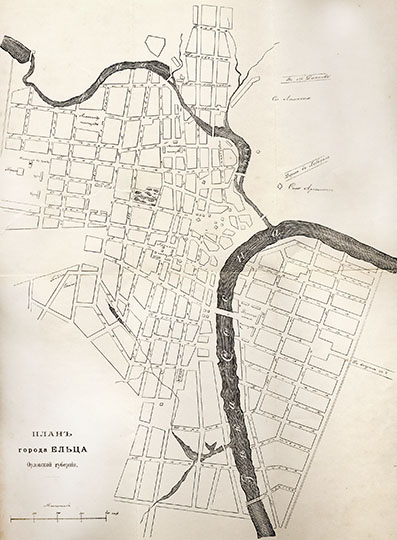 План города Елец  1:8K% plan of Elets
План города Ельца Орловской губернии (теперь в Липецкой области). Масштаб 100 сажен в дюйме.
Ключевые слова: Елец