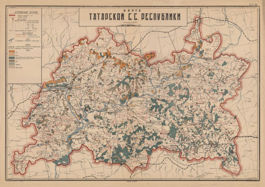 Карта Татарской С. С. Республики 1:1М % Map of Tatarstan
Карта Татарской С. С. Республики. Масштаб 1:1,067,000. Карту составил профессор Н. Векслин. Издание Татиздат. 61x44 см. 
Ключевые слова: Казань