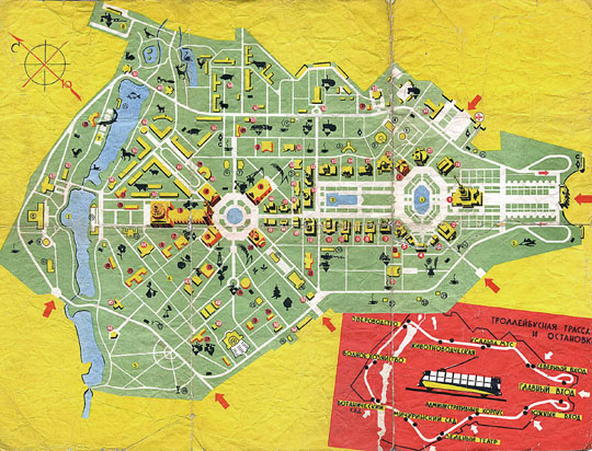 План ВПВ и ВСХВ % Map of VPV and VSKhV Exhibitions
План Всесоюзной Промышленной Выставки (ВПВ) и Всесоюзной Сельскохозяйственной Выставки (ВСХВ). На врезке - схема троллейбусной трассы и остановок троллейбусов.
Ключевые слова: ВСХВ-ВДНХ-ВВЦ,парки