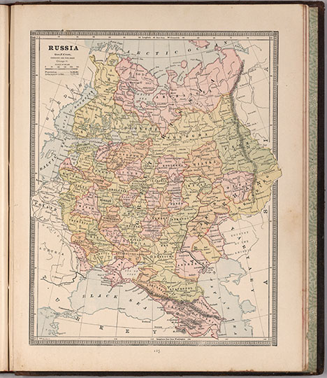 Россия в Атласе Крама 1:13М %Russia in Cram Family Atlas of the World
Россия в Атласе мира издания Крама. Масштаб 1:13,000,000. 36 х 30 см. Чикаго, 1883. Cram s Unrivaled Family Atlas of the World. Copyright 1883 by Geo. F. Cram. Chi. Ill. A.C. Shewey & Co., 264 Wabash Avenue, Chicago, Rushville, Ind. 
Ключевые слова: Россия,Европейская Россия,американские карты