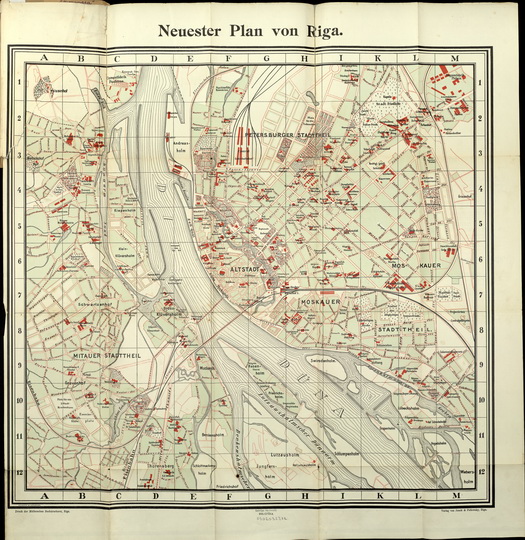 План города Риги % Plan of Riga
План города Риги.  Условная координатная сетка. Neuster Plan von Riga. Druck der Mullerschen Buchdruckerei, Riga. Verlag von Jonck and Poliewsky, Riga.
Ключевые слова: Рига