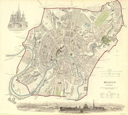 Moscow by Baldwin and Cradock
Moscow. Published under the Superintendence of the Society for the Diffusion of Useful Knowledge. Drawn by W.B. Clarke, Arch.  Грав. R. R. Davies. Published by Baldwin and Cradock, London, June 1836. Гравюра на меди, 358х324мм. В нижней части - вид на Новодевичий монастырь с Воробьевых Гор.
Ключевые слова: английские карты