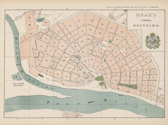 План города Костромы  1:8K% Plan of Kostroma
План города Костромы. Масштаб 100 саженей в дюйме. Из кн.: "Спутник по реке Волге и её притокам Каме и Оке за 1902 г. С картами Волги, Камы и Оки, видами и планами волжских, камских и окских городов". Типо-литография П.С. Феокритова. 
Ключевые слова: Кострома,путеводители по Волге
