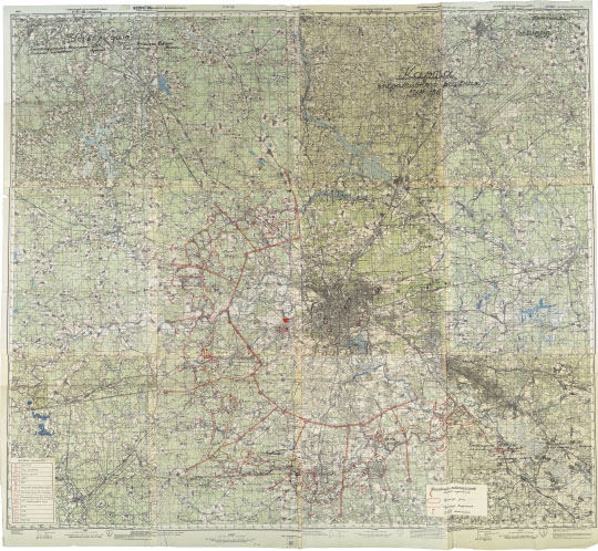 Московская зона обороны 1:100К % Moscow defence zone map
Карта Московской зоны обороны. 1941г. Масштаб 1:100,000. Сборная карта, склеенная из листов топографических карт РККА . 
Ключевые слова: карты РККА,Подмосковье