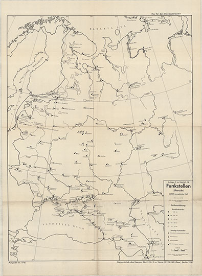 Карта радиостанций Европейской части СССР  1:5M% UdSSR Funkstellen Uebersicht
Обзорная карта размещения радиостанций на территории Европейской части СССР. Масштаб 1:5,000,000. Немецкая карта издания 1941 года. UdSSR Funkstellen Uebersicht 1941
Ключевые слова: Европейская Россия,СССР,немецкие карты