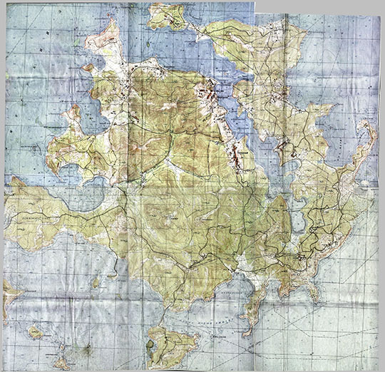 Карта острова Русский  % Map of Russky island
Остров Русский. Сборная карта, склеенная из листов карт ГУГК СССР издания 1986 года. 
Ключевые слова: Владивосток