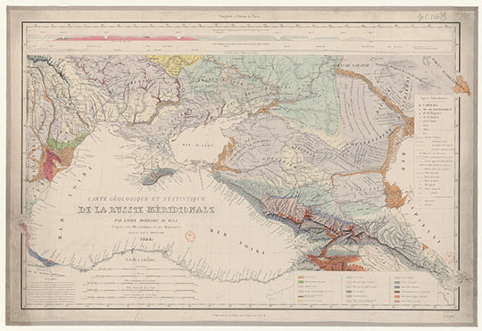 Карта юга России 1:2М %Carte de la Russie Méridionale 
Геологическая т статистическая карта юга России. Масштаб 1:2,000,000. 940 x 620 мм. Carte géologique et statistique de la Russie Méridionale par Xavier Hommaire de Hell / d après ses observations et ses Itinéraires. Gravée par L. Bouffard
Ключевые слова: Европейская Россия,Украина,Крым,Кавказ,французские карты