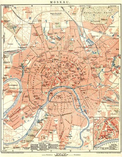 Moskau - немецкий план 1:42K%Moskau - German plan
Moskau. Карта из книги "Brockhaus' Konversations-Lexikon" 14. Aufl. Dez. 1897. 1:42500. F. A. Bockhaus' Geogr. artist. Anstalt, Leipzig. 250 x 307 мм. Обозначения объектов - на немецком языке. Отдельно на врезке план Кремля, 1:21300.
Ключевые слова: немецкие карты