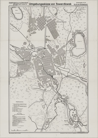 Немецкий план Свердловска  1:50K% German plan of Sverdlovsk
Немецкий план Свердловска и ближайших окрестностей. Umgebungsskizze von Sswerdlowsk. Sonderusgabe: VIII. 41. Масштаб 1:50,000. Издание августа 1941 года.
Ключевые слова: Екатеринбург,Свердловск,немецкие карты