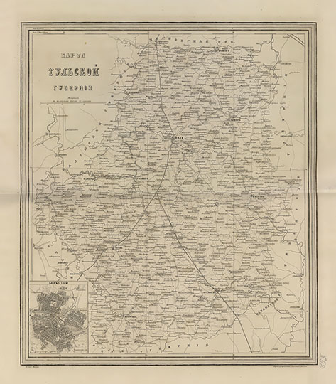 Тульская губерния в Атласе Ильина  1:630K% Tulskaya Gubernia by Ilyin
Карта Тульской губернии. Масштаб 1:630,000. На врезке - план г. Тулы. В кн.:  Подробный атлас Российской империи с планами главных городов. Издание картографического заведения А. Ильина. СПб, 1871, 6 с., 70 л. карт.
Ключевые слова: Тула,атласы,издательство Ильина,атлас 1871