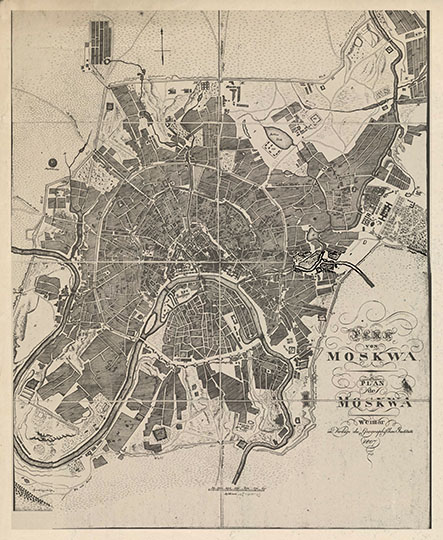 Plan von Moskwa (Weimar - v.1) 1:21K
Plan von Moskwa = Plan de Moskwa.  - [1:21000], 100 саж. в 1 см. - Weimar: Verl. des Geogr. Inst., 1807. - 1 к.; 61x48 см + Прил. (8 с.). - Масштаб ошибочно вместо саженей указан в аршинах (arschinen). - Загл. прил.: Еrklaerung des Plans von Moskwa. План составлен в границах Камер-Коллежского вала и административно разделен на XX частей. Скопирован с плана И. Марченкова 1789 г. со всеми цифровыми индексами.  Издан по заказу Александра I в Веймарском географическом институте.
Ключевые слова: немецкие карты