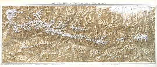 Вершины, перевалы и ледники центрального Кавказа 1:210К %The Peaks, Passes, and Glaciers of the Caucasus
Вершины, перевалы и ледники центрального Кавказа. Масштаб 1:210,000. Карта к изданию: Douglas W. Freshfield. The Peaks, Passes, and Glaciers of the Caucasus. The Royal Geographical Society. London, 1888. 

Ключевые слова: Кавказ,английские карты